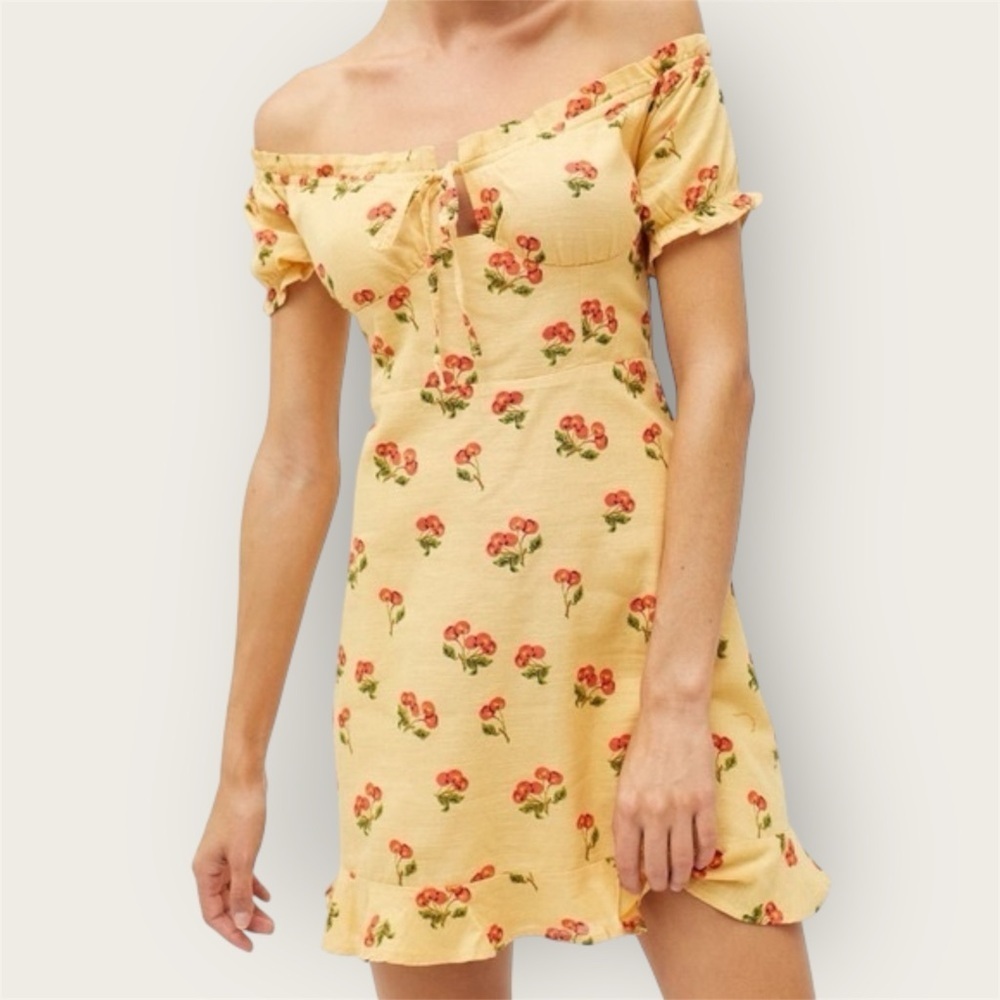 Urban Outfitters Magpie Cherry Off The Shoulder Mini Dress Mustard Size Small